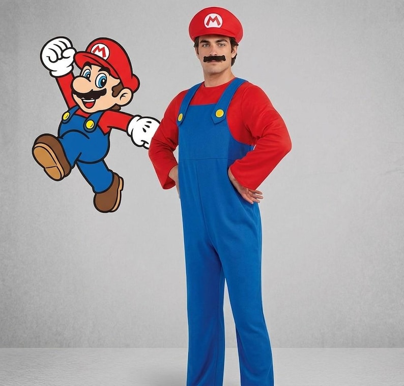 May include: A red long-sleeved shirt and blue overalls costume set featuring a red cap with a white M emblem and a black mustache accessory. The outfit includes yellow buttons on the overall straps and matches the character graphic shown.