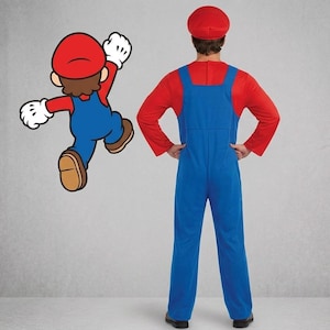 May include: A costume consisting of a red long-sleeved shirt, blue overalls, and a red cap, shown from the back. Beside the costume is a graphic illustration of a cartoon character wearing a red cap, red shirt, blue overalls, and brown shoes.