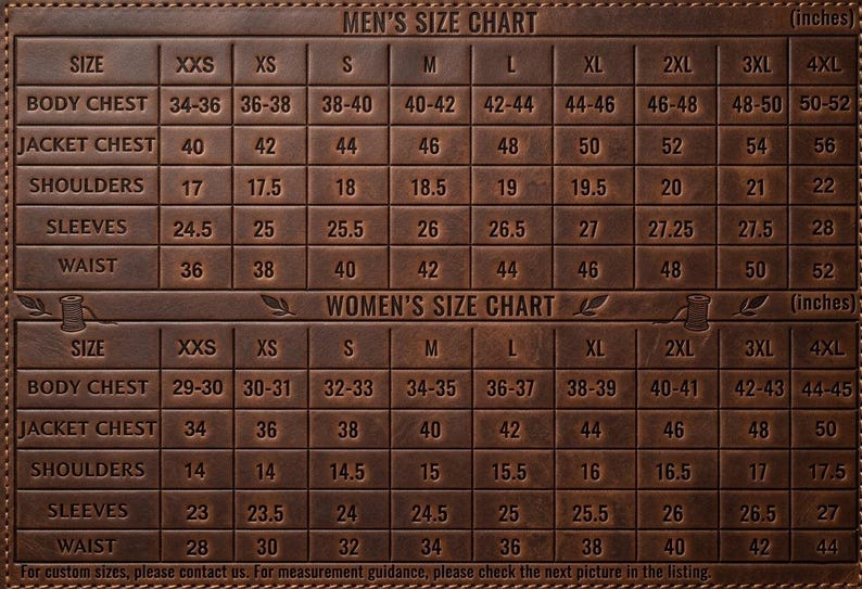 May include: A brown leather-textured chart displaying sizing information in inches. The grid includes rows for body chest, jacket chest, shoulders, sleeves, and waist measurements for various sizes ranging from XXS to 4XL for two distinct categories.