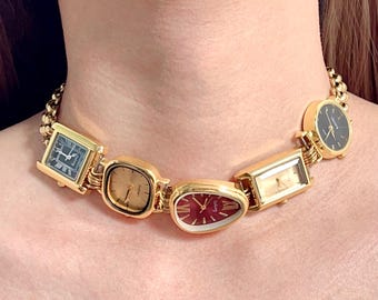 Vintage Gold Watch Necklace, Unique Retro Statement Watch Jewelry, Y2K Choker Necklace, Gift for Her