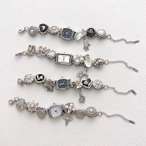 Vintage Silver Charm Watch Bracelet, Y2K Black Wrist Watch, Statement Button Bead Bracelet, Chain Bracelet for Women, Christmas gift for Her