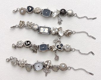 Vintage Silver Charm Watch Bracelet, Y2K Black Wrist Watch, Statement Button Bead Bracelet, Chain Bracelet for Women, Christmas gift for Her
