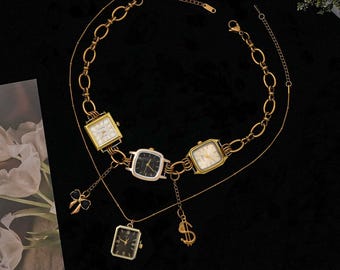 Vintage Square Watch Layered Necklace, Y2K Gold Clock Charm Necklace, Black Dial Chocker, Unique Birthday Gift