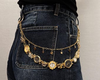 Vintage Watch Charm Chain Belt, Gold Layered Waist Chain, Y2K Punk Pants Chain, Retro Watch Jewelry for Jeans