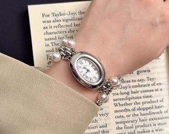 Vintage Pearl Cluster Watch Bracelet, Silver Y2K Punk Steampunk Wristwatch