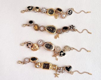 Vintage-Style Black Watch Bracelet - Button Charm Wristwatch, Handmade Gold Chain Bracelet, Y2K Bead Bracelet