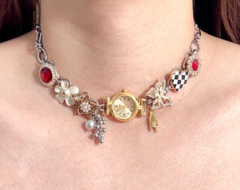 Gold Watch Necklace with Flower Charm, Red Stone Charm Necklace, Unique Friendship Necklace for Women, Dainty Butterfly Necklace Jewelry