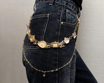 Vintage Watch Charm Pants Chain, Gold Y2K Pocket Chain, Retro Watch Belt Chain for Jeans, Grunge Punk Wallet Chain