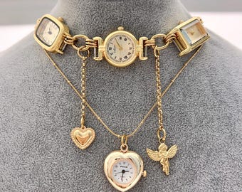 Vintage Watch Layered Necklace, Gold Watch Choker Necklace Set, Chunky Necklace Women, Heart Charm Necklace Stack, Handmade Birthday Gift
