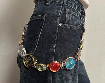 Vintage Watch Chain Belt, Y2K Punk Waist Chain, Colorful Clock Charm Belt for Jeans, Streetwear Accessory