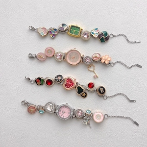 Vintage Charm Watch Bracelet, Button Bead Bracelets, Handmade Red Heart Wrist Watch, Statement Bracelet for Women, Y2K Chain Bracelet Gift