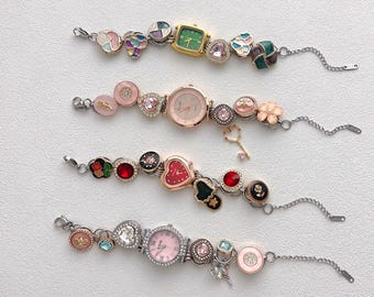 Vintage Charm Watch Bracelet, Button Bead Bracelets, Handmade Red Heart Wrist Watch, Statement Bracelet for Women, Y2K Chain Bracelet Gift