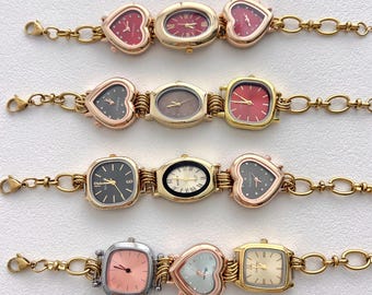 Y2K Punk Gold Watch Chain Bracelet: Red, Black & Gold 3-in-1 Heart Watch Style