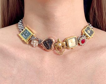 Black Heart Watch Choker with Pearl Charm, Vintage Gold Watch Necklace, Multi-string Clock Choker Necklace, Silver Chain Necklace for Women