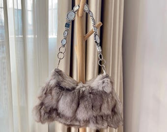 Vintage Watch Chain Strap Underarm Tote Bag, Gray Faux Fur Handbag, Handmade Winter Shoulder Bag