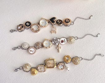 Vintage Watch Button Charm Bracelet, Statement Y2K Wristwatch for Women, Black, White, Gold