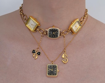 Gargantilla vintage con dije de reloj cuadrado, cadena dorada en capas, colgante de lazo negro, joyería grunge Y2K, regalo único para ella.
