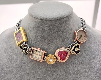 Handmade Gold Watch Choker Necklace, Red Heart Watch Face, Vintage Four Watches Choker, Unique Necklace for Women, Best Friend Gift for Her