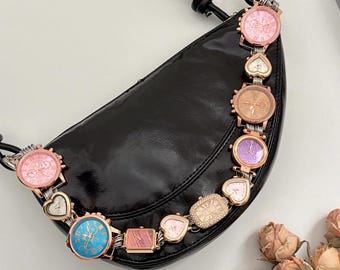 Y2K Vintage Watch Chain Strap, Convertible Purse Strap, Punk Pink Clock Face Bag Charm