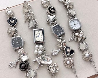 Handmade Button Charm Watch Bracelet, Pearl Angel Flower Horse Charms, Silver Black Style, Vintage Wrist Watch, Y2K Chain Bracelet Gift