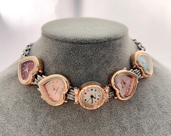Naszyjnik z 5 różowymi serduszkami, srebrny łańcuszek z złotym zegarkiem, masywny naszyjnik steampunk dla kobiet, naszyjnik w stylu Y2K, prezent urodzinowy dla niej