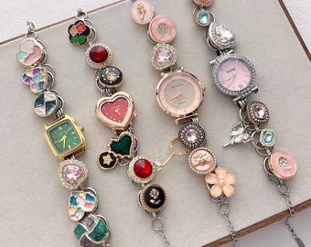 Vintage Charm Watch Bracelet: Red Heart Button Bead Statement Jewelry, Y2K Chain Bracelet for Women, Handmade Wrist Watch