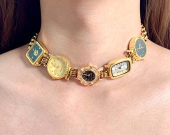 Vintage Gold Watch Choker, Steampunk Clock Necklace, Custom Gold Chain Necklace for Women, Back to School, Handmade Birthday Gift for Her