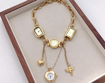 Collar de reloj dorado de doble capa, gargantilla vintage con reloj grueso, collar de reloj dorado con corazón, regalo único para ella, regalos punk de Halloween.