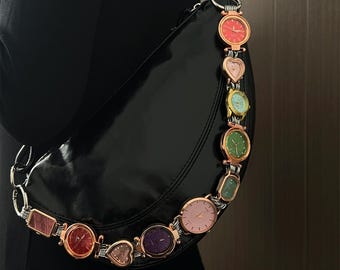 Y2K Black Leather Hobo Bag with Watch Chain Strap, Retro Clock Face Shoulder Bag, Chunky Watch Strap Purse