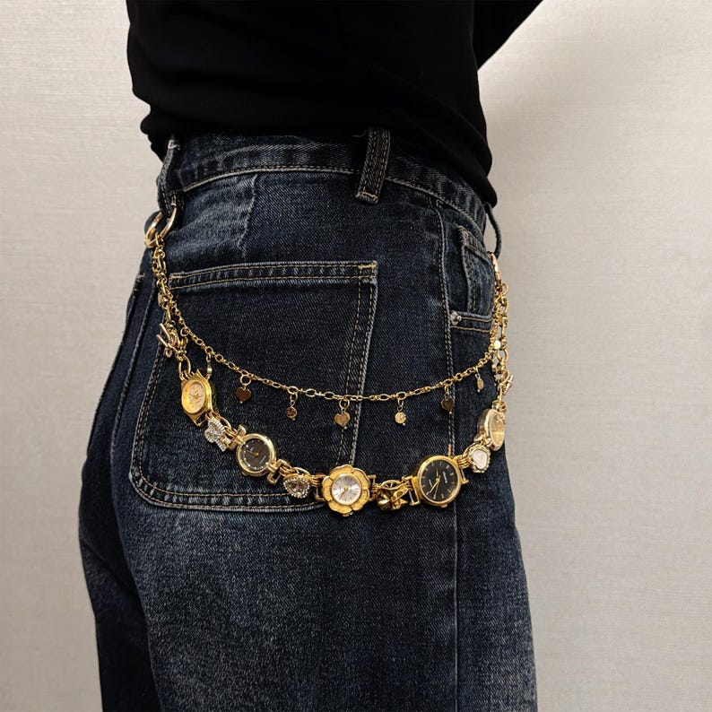 Vintage Watch Charm Chain Belt, Gold Layered Waist Chain, Y2K Punk Pants Chain, Retro Watch Jewelry for Jeans image 1