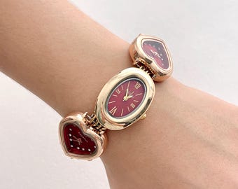 3 in 1 Red Heart Watch Bracelet, Oval Wrist Watch, Gold Chain Bracelet for Women, Handmade Y2K Bracelet, Vintage Watch with Extension Chain