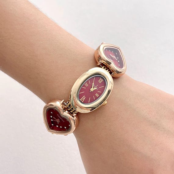 3 in 1 Red Heart Watch Bracelet, Oval Wrist Watch, Gold 