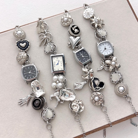 Handmade Button Charm Watch Bracelet, Pearl Angel Flower Horse Charms, Silver Black Style, Vintage Wrist Watch, Y2K Chain Bracelet Gift