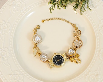Vintage Charm Bracelet Watch, Black Watch Bracelet, Gold Heart Flower Crystal Wrist Watch, Retro Jewelry Gift for Her, Unique Women’s Watch