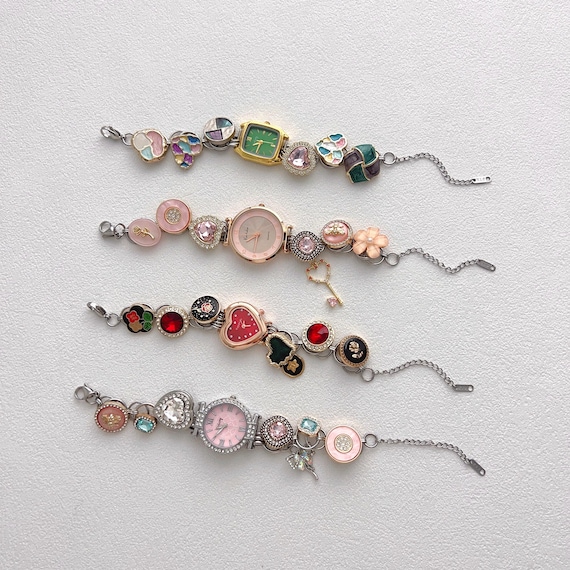 Vintage Charm Watch Bracelet, Button Bead Bracelets, Handmade Red Heart Wrist Watch, Statement Bracelet for Women, Y2K Chain Bracelet Gift