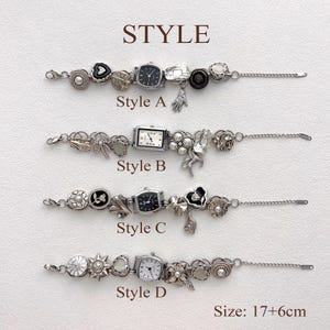 May include: Four silver-toned charm bracelets, each featuring a watch face and various charms. Styles A, B, C, and D are labeled below each bracelet. The bracelets include charms like hearts, flowers, and a hand. Size: 17+6cm.