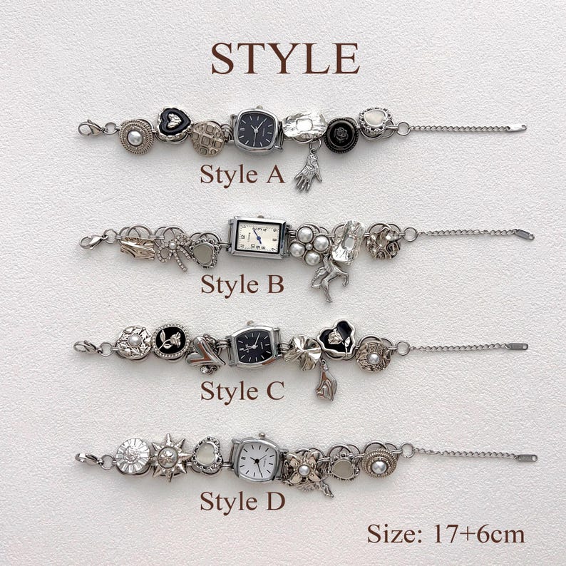 May include: Four silver-toned charm bracelets, each featuring a watch face and various charms. Styles A, B, C, and D are labeled below each bracelet. The bracelets include charms like hearts, flowers, and a hand. Size: 17+6cm.