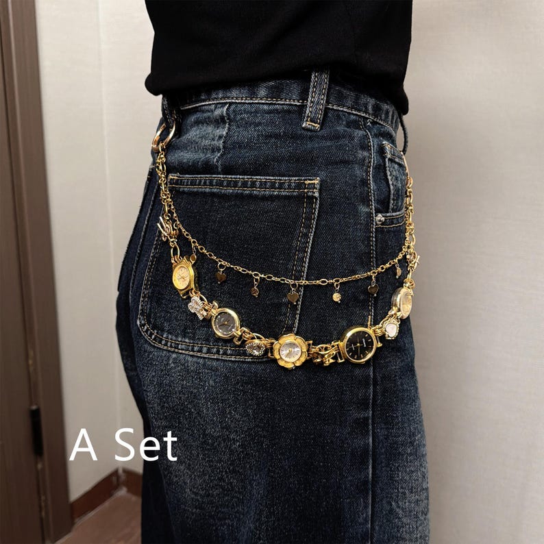 Vintage Watch Charm Chain Belt, Gold Layered Waist Chain, Y2K Punk Pants Chain, Retro Watch Jewelry for Jeans A Set