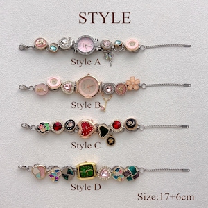 May include: Four decorative watch bracelets in different styles, each with a unique design. Styles A and B feature pink watch faces, while styles C and D have colorful embellishments. The text "STYLE" and "Size: 17+6cm" are visible.