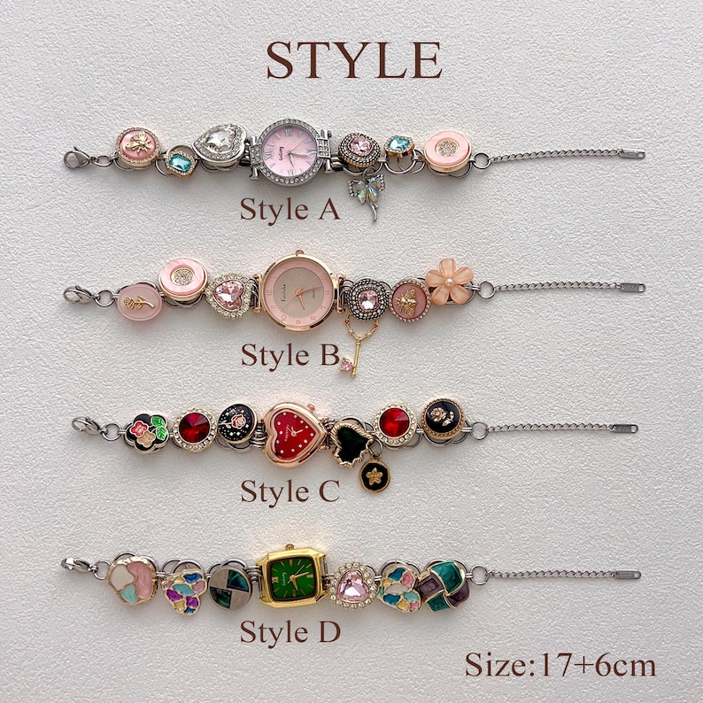 May include: Four decorative watch bracelets in different styles, each with a unique design. Styles A and B feature pink watch faces, while styles C and D have colorful embellishments. The text "STYLE" and "Size: 17+6cm" are visible.