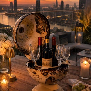 Peut inclure: Un seau à vin en forme de globe avec un motif de carte, contenant des bouteilles de vin et des verres. Le globe ouvert révèle les bouteilles, avec un paysage urbain et un coucher de soleil en arrière-plan. Une bougie et une petite lampe sont sur la table en bois.