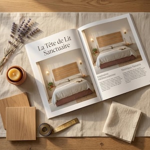Könnte beinhalten: Ein aufgeschlagenes Magazin mit dem Titel La Tête de Lit Sanctuaire mit Schlafzimmer-Innenaufnahmen, begleitet von einem Zweig getrocknetem Lavendel, einer gelben Kerze in einem Terrakotta-Halter, zwei quadratischen Holzmustern, einem Maßband und einem gefalteten Leinentuch.
