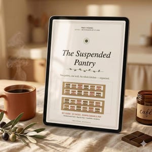 Pode incluir: Um tablet digital exibe o guia DIY "The Suspended Pantry". A tela mostra um design de despensa com duas prateleiras. Uma xícara de café, um pote de "cafe", um quadrado de chocolate e ramos de oliveira estão na mesa.