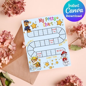 May include: A light blue potty training chart featuring Paw Patrol characters, including Chase, Rubble, and Marshall. The chart includes a winding path of squares, yellow stars, and text that reads My Potty Chart, You Can Do It, Way To Go, and You Did It.