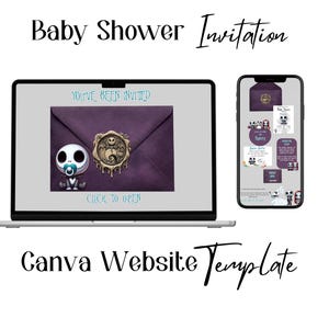 Könnte beinhalten: Ein Laptop und ein Smartphone zeigen eine Vorlage für eine Babyparty-Einladung. Der Laptop-Bildschirm zeigt einen lila Umschlag mit einer Jack Skellington Baby-Grafik und einem goldenen Wachssiegel. Das Smartphone zeigt das Einladungsdesign. Der Text lautet "Baby Shower Invitation" und "Canva Website Template."