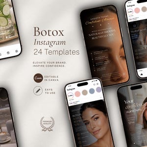 May include: A promotional image showcasing a set of Botox Instagram templates. The design features several smartphones displaying templates with images of women, text, and graphics. The text includes "Botox Instagram 24 Templates" and "Elevate Your Brand. Inspire Confidence."