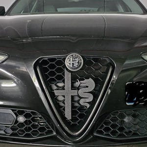 以下が含まれることがあります： アルファロメオのエンブレムが付いた黒い車のフロントグリルをクローズアップ。グリルはハニカム模様で、十字と蛇のダークグレーのエンブレムが付いています。