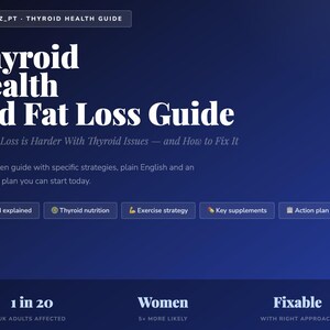 Puede incluir: Gráfico azul oscuro con texto blanco que dice "Thyroid Health and Fat Loss Guide". La imagen incluye el texto "Why Fat Loss is Harder With Thyroid Issues - and How to Fix It."