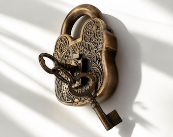 Vintage Solid Brass Padlock 5" Antique Brass Victorian Lock with Key