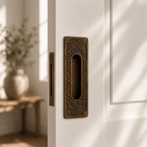 May include: A rectangular bronze-toned sliding door handle with an ornate, embossed scrollwork pattern and a central oval recessed grip. The hardware is mounted onto a white door panel and secured with four visible flat-head screws at the corners.